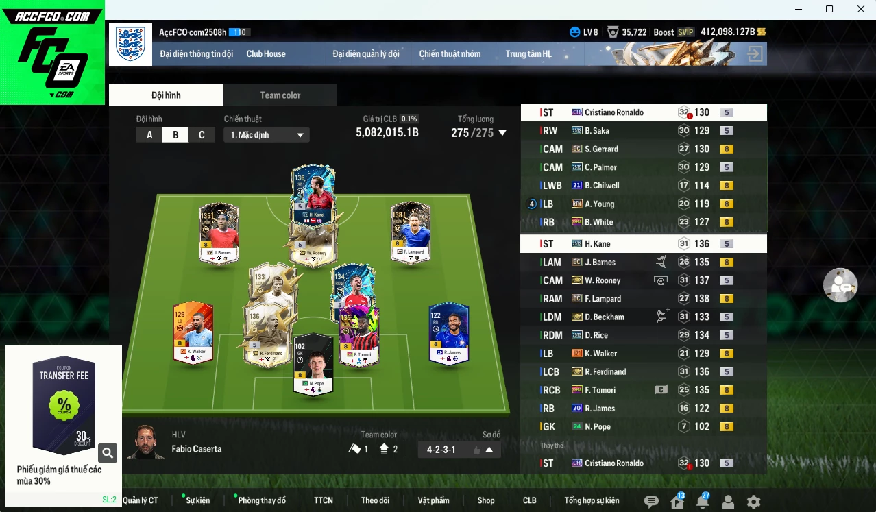 [Dư nhiều BP] Tuyển Anh 5.082.010b dư 412.000b có Rooney ITM+5, Beckham ITM+5, Kane 25TS, CR7 CH (bù), Ferdinand ITM+5, Lampard DC, Gerrard DC, Barnes DC, Saka 25TS, Rice 25TS, Palmer 25TS, Tomori 23HW...